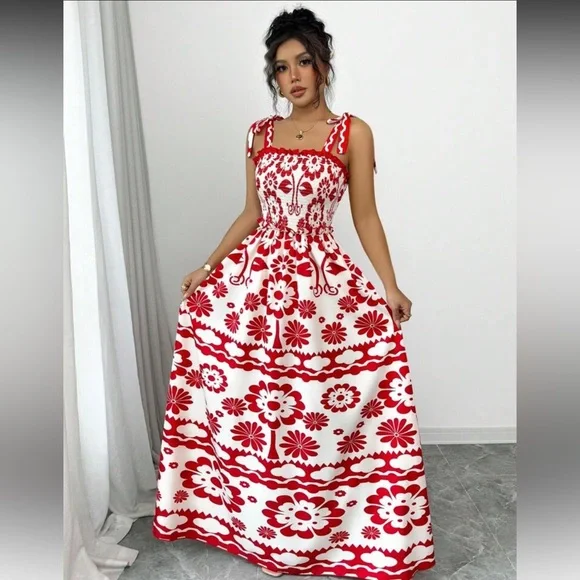 SHEIN Calvaya Women Digital Print Long Strap Boho Asymmetrical Red & White Dress - Picture 3 of 5